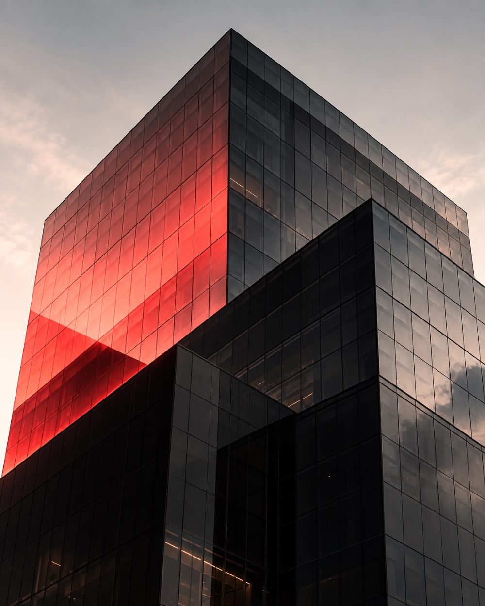 Fachada de edifício de vidro escuro com reflexo vermelho